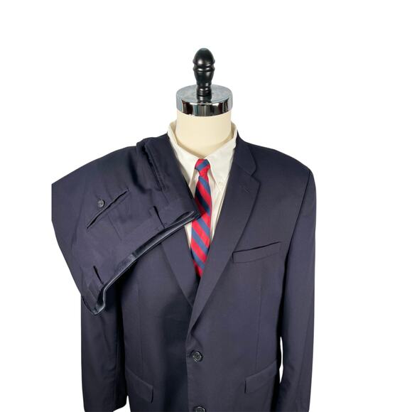 Tommy Hilfiger 2pc Suit Mens 48L Navy 100% Wool Two Button Flat Front Pants - Picture 1 of 16